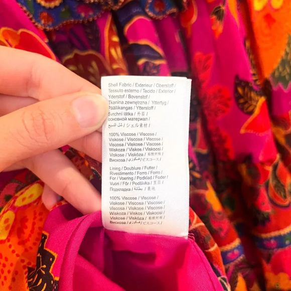 Farm Rio Colorful Pink Floral Tropical V Neck Tiered Long Sleeve Mini Dress XS - Picture 8 of 9